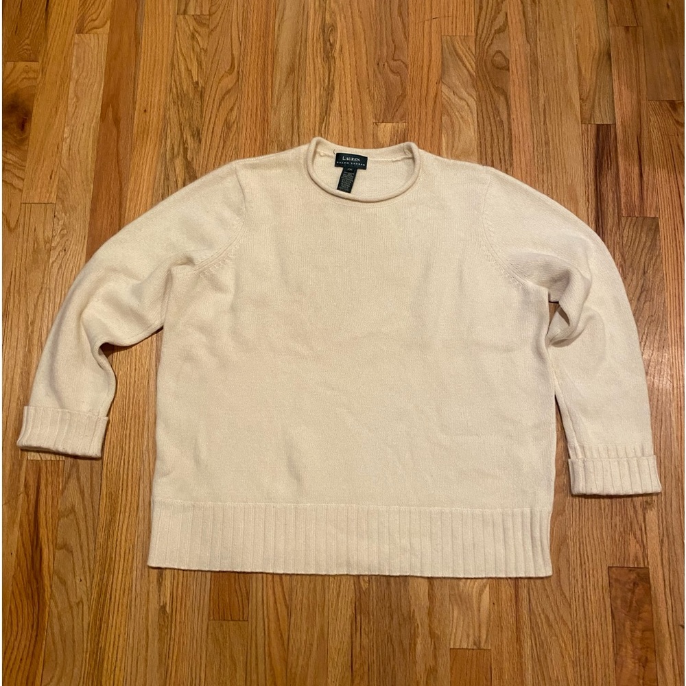 LAUREN by Ralph 2X Cashmere Angora Wool Blend Cream Crewneck Sweater